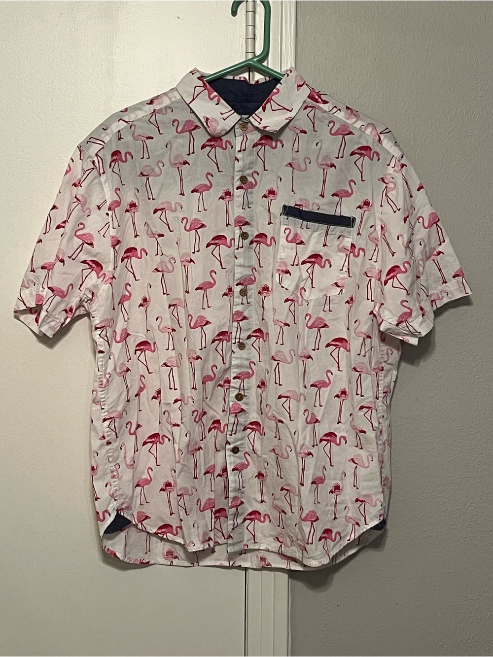 Pacific Marlin Mens Flamingo Tropical Print Short Sleeve Cotton Button-Up L